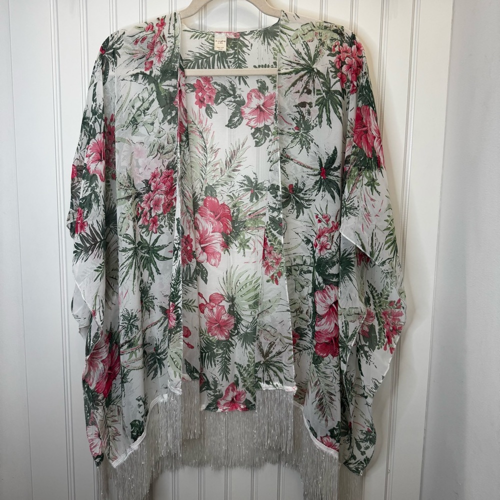 Hibiscus Floral & Fringe Sheer Bat Sleeve Cover One Size Beach Summer Garden